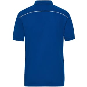 A royal blue men's work polo shirt with a collar and short sleeves, featuring a logo on the back.