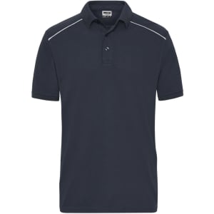 A navy blue men's work polo shirt with a collar and short sleeves. It features a logo on the chest.