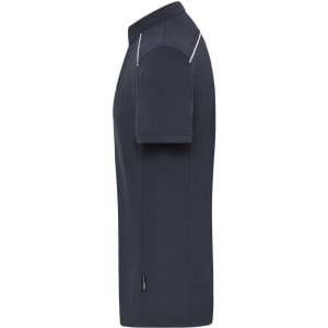 A navy men's workwear polo shirt featuring short sleeves and a subtle logo.
