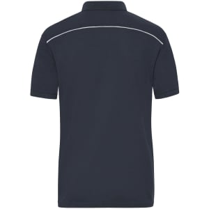 A navy blue work polo shirt with a small logo and a white stripe across the back.