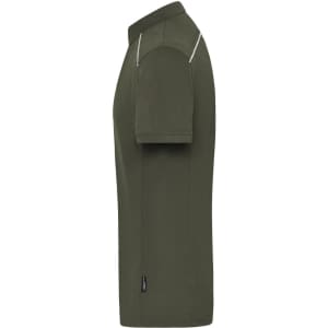 A men's workwear polo shirt in olive green with a fitted design and short sleeves, featuring a logo.