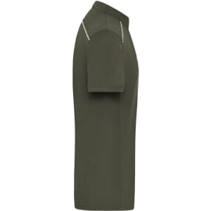 A mens workwear polo shirt in olive green with a short sleeve design, featuring contrasting stitching and a logo.