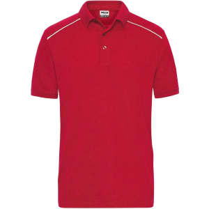 A red men's workwear polo shirt with a collar and short sleeves, featuring a logo on the chest.