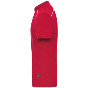 A red men's work polo shirt with a stylish design and a company logo on the side.