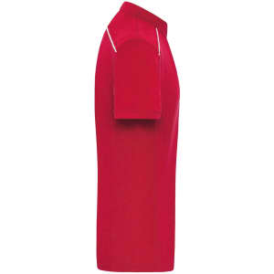 A red work polo shirt featuring a side view design and a logo on the chest.