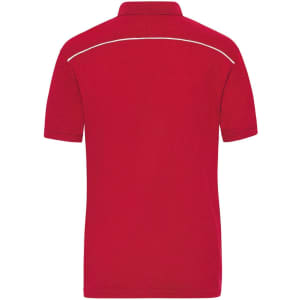 A red men's workwear polo shirt featuring a white trim and a logo on the front.