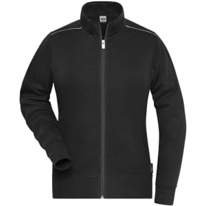 A black ladies' workwear sweat-jacket with a zip front and high collar, featuring a logo on the side.