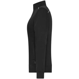 A black ladies' workwear sweat-jacket featuring a side profile with a sleek design and a logo on the chest.