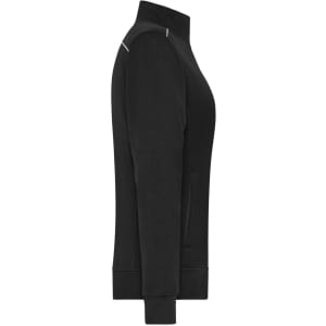 A black ladies workwear sweat-jacket featuring a high collar and fitted silhouette, with a logo on the design.