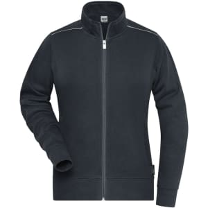 A dark grey ladies workwear sweat-jacket featuring a full zip and a stand-up collar, with a logo on the side.