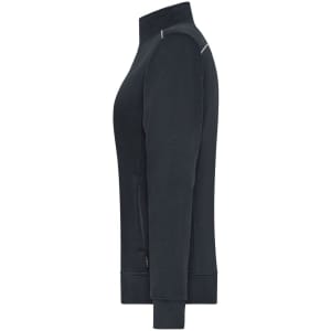 A black ladies' sweat jacket features a zip pocket and a sleek design, with a subtle logo on the side.