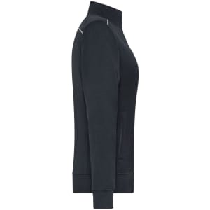 A dark blue ladies' sweat-jacket featuring a zip front and side pockets, with a subtle logo.