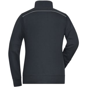 A black ladies workwear sweat-jacket with a high collar and a contrasting seam detail on the back. It has a logo.