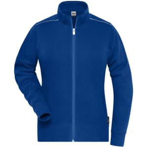A blue ladies' workwear sweat jacket featuring a zip front and a high collar, with a logo on the side.