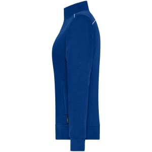 A blue ladies workwear sweat-jacket featuring a zippered front and a sleek, fitted design. It has a logo on it.