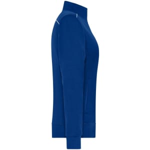 A ladies' workwear sweat-jacket in vivid blue, featuring a zip closure and a branded logo.