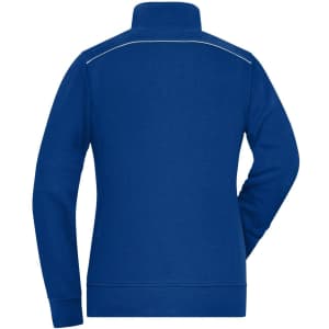 A ladies workwear sweat-jacket in bright blue with a high collar and a subtle reflective detail on the back.