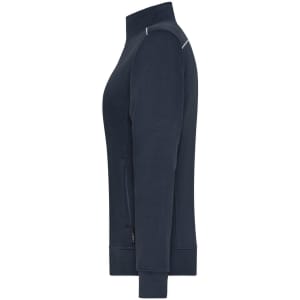 A navy sweat-jacket featuring a high collar and side pockets, with a branding logo on the chest.