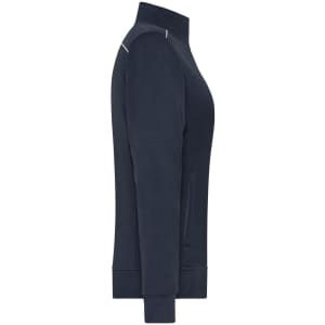 A navy ladies workwear sweat-jacket with a zippered front and side pockets, designed for a tailored fit.