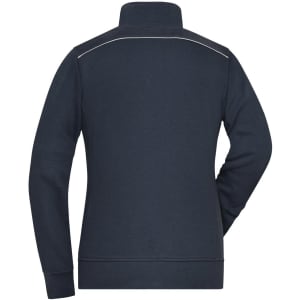 A navy sweat-jacket featuring a high collar and a reflective trim. It has a logo on the back.