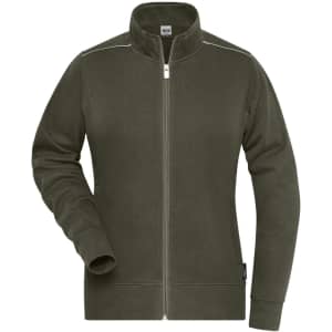 A dark green ladies' sweat-jacket with a zippered front and high collar, featuring a logo on the sleeve.
