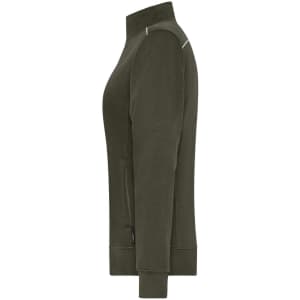A ladies' workwear sweat-jacket in olive green, featuring a sleek design and a pocket. Includes branding.