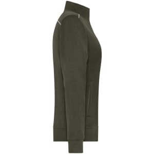 A ladies workwear sweat-jacket in olive green with a side view, featuring a zippered front and a logo.