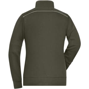 A Ladies Workwear Sweat-Jacket in dark green with a high collar and reflective detailing on the back.