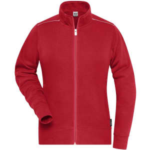 A red sweat-jacket with a zippered front, featuring long sleeves and a collar, includes a branding logo.