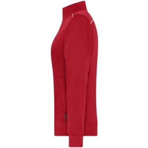 A red ladies workwear sweat jacket with a zip, featuring a fitted design and a logo.