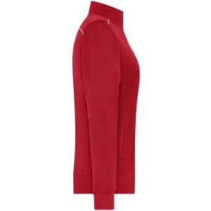 A red ladies workwear sweat-jacket featuring long sleeves and a high neckline. The jacket has a logo on it.