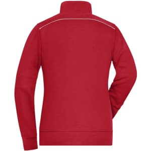 A red ladies' sweat jacket featuring a high collar and a plain design, with a logo on the back.