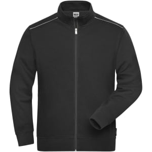 A black mens workwear sweat-jacket with a zip front and a high collar, featuring subtle detailing and a logo.