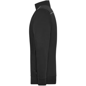 A black men's workwear sweat-jacket with a high collar and a sleek design, featuring a logo.