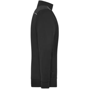A black men's workwear sweat-jacket featuring a high collar and a logo on the chest.
