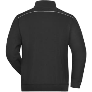 A black men's workwear sweat-jacket featuring a high collar and a logo on the back.