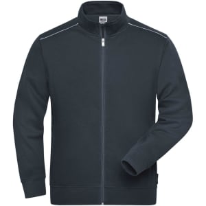 A men's workwear sweat-jacket in dark navy with a zip front and a collar, featuring a logo on the side.
