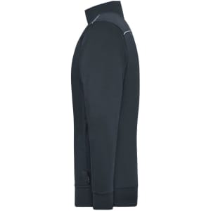 A men's workwear sweat-jacket in dark navy, featuring a zip front and a logo on the sleeve.