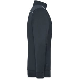 A men's workwear sweat jacket in navy, featuring a collared design and a logo on the sleeve.