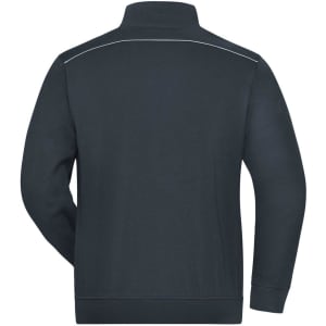 A dark grey men's workwear sweat jacket featuring a high collar and a lined back. It includes a logo.