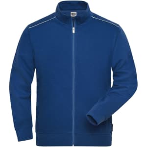 A blue men's sweat jacket with a zip closure and a collar, featuring a logo on the side.