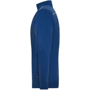 A side view of a blue men's workwear sweat-jacket featuring a high collar and a branded logo.