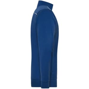 A blue men's workwear sweat-jacket with a high collar and a logo, featuring a simple design and long sleeves.