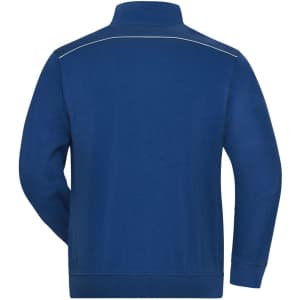 A blue men's workwear sweat-jacket featuring a high collar and a simple design on the back, with a logo.