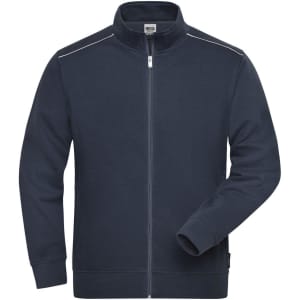 A navy men's workwear sweat-jacket featuring a full zip and a collar, with contrasting stitching details.