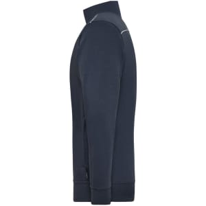 A navy men's workwear sweat-jacket with a high collar and fitted sleeves. It features a logo on the side.