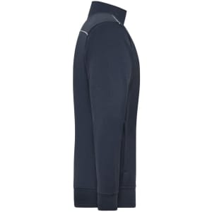A navy men's workwear sweat-jacket featuring a high collar and a logo. Elegant and practical for work environments.