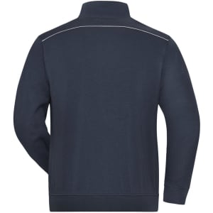 A navy men's workwear sweat jacket with a high collar and a logo on the back. Features a simple design.