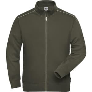A men's workwear sweat jacket in olive green with a zip front and stand-up collar. It features a logo.