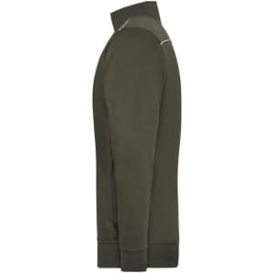 A men's workwear sweat-jacket in olive green, featuring a zip closure and a logo on the side.